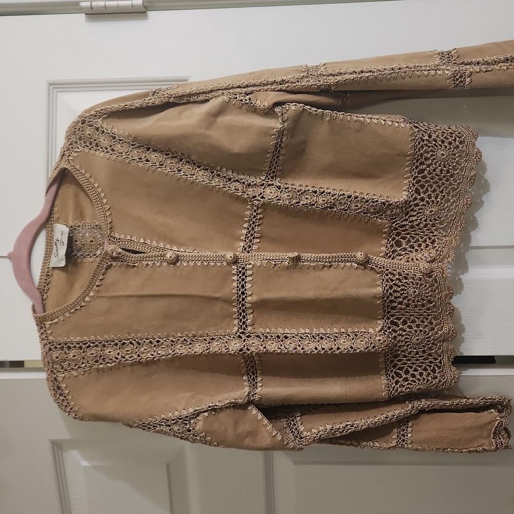 Scully Vintage Suede & Crochet Patchwork Button Down Boho Cardigan Jacket Tan